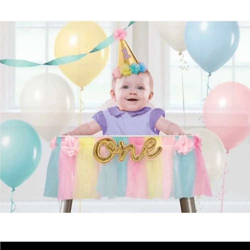 Girls My 1st birthday 3pc  starter pack Hat pastel Bib high chair skirt…